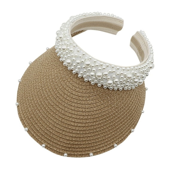 Yigetop Beach Visor Women's Pearl Headband Hairpin Hat Sunscreen Sunshade Woven Hollow Sunhat Straw Visors for Women Khaki One Size