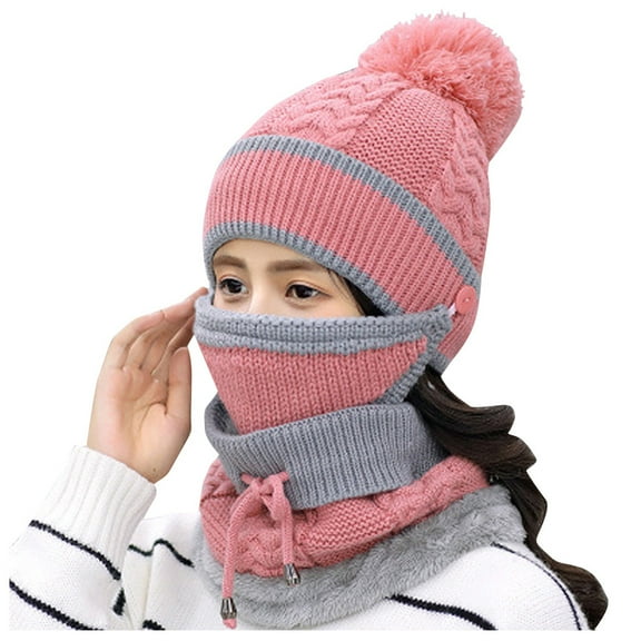 Yigetop Beanie for Women Adult Windproof Hat Cycling Skiing Knit Hat Scarf Mask Sets Warm Knitted Cap Winter Hats for Women Pink One Size