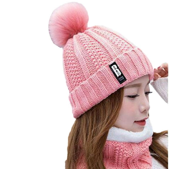 Yigetop Beanie for Women Women Ladies Warm Winter Hairball Plus Velvet Knitted Beanie Cap Scarf Winter Hats for Women Pink One Size