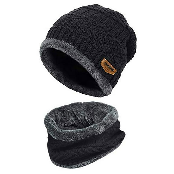 Yigetop Beanies Hats Men Men Warm Beanie Winter Thicken Hat and Scarf Two-Piece Knit Windproof Cap Mens Beanie Black One Size
