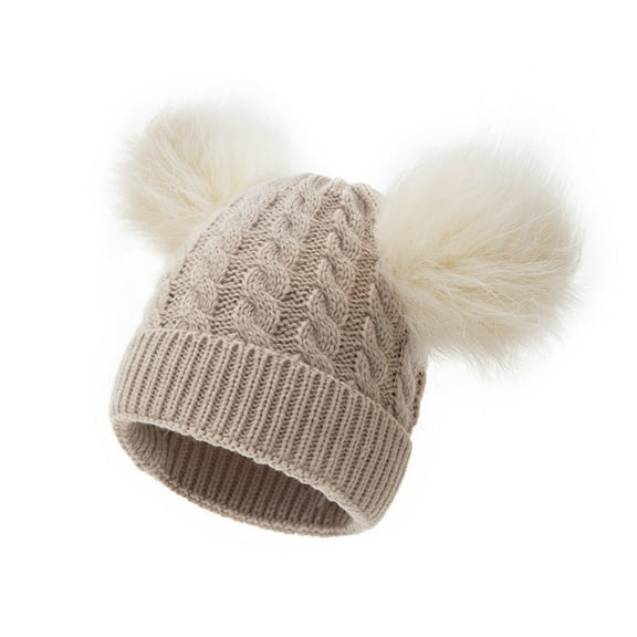 Yigetop Beanies Women Kids Winter Hat Toddler Knitted Pom Beanie Hat Cotton Lined Faux Cap Girls Boys Hat Girls Winter Hat Beige One Size