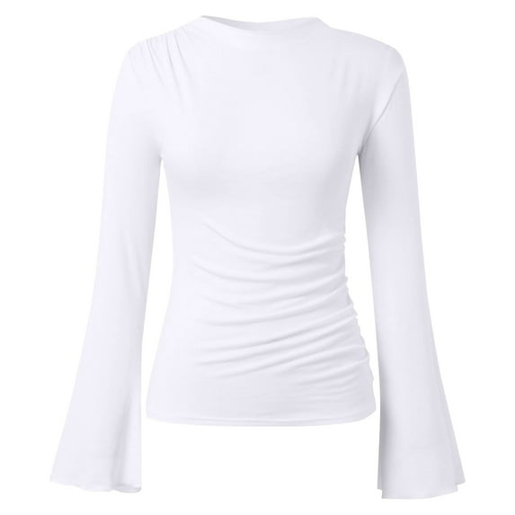 Yigetop Bell Sleeve Tops for Women, Women's Long Sleeve Shirts 2025 Fall Going Out Tops Casual Boat Neck Bell Sleeve Ribbed Ruched Y2K Clothes Y2K Tops White S