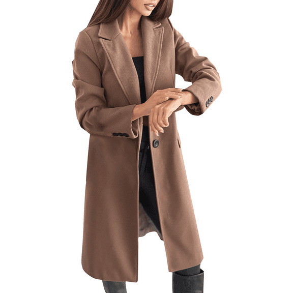 Yigetop Black Trench Coat Women Autumn and Winter Simple Long Sleeved Solid Color Single Breasted Woolen Jacket for Women Peacoat Womens Coat Coffee S