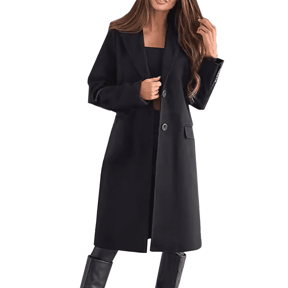 Yigetop Black Trench Coat Women Autumn and Winter Simple Long Sleeved Solid Color Single Breasted Woolen Jacket for Women Peacoat Womens Coat Black L