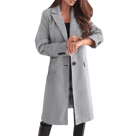 Yigetop Black Trench Coat Women Autumn and Winter Simple Long Sleeved Solid Color Single Breasted Woolen Jacket for Women Peacoat Womens Coat Grey L
