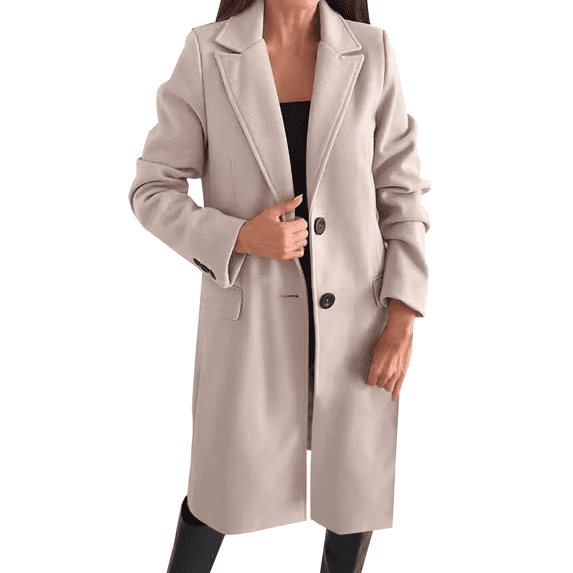 Yigetop Black Trench Coat Women Autumn and Winter Simple Long Sleeved Solid Color Single Breasted Woolen Jacket for Women Peacoat Womens Coat Khaki M