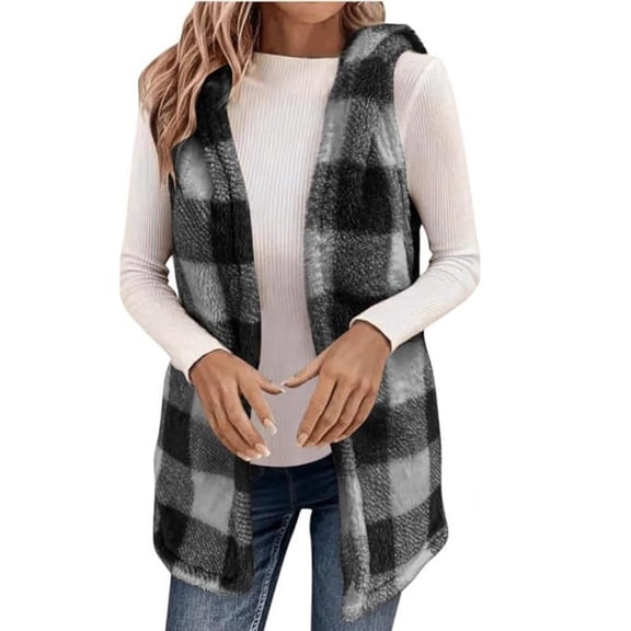 Yigetop Blazer Vest for Women, Women Fuzzy Fleece Cardigan Vest Fashion Sleeveless Warm Jacket Casual Plaid Coats Outerwear Womens Vest Fleece Dark Gray M