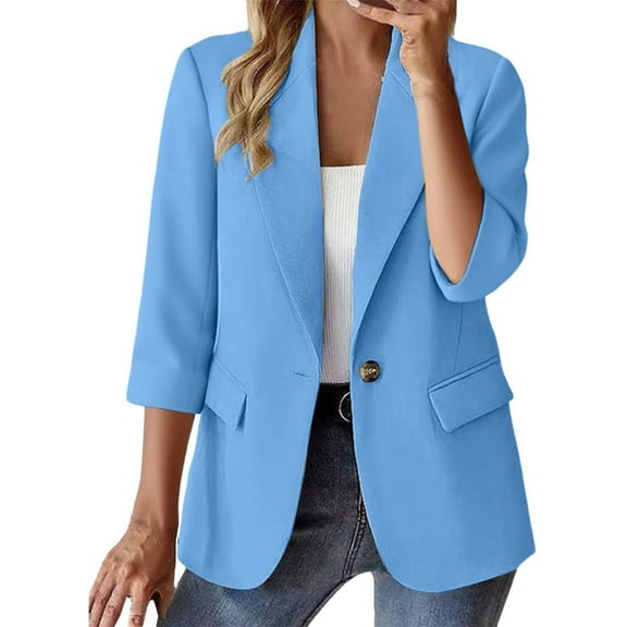 Yigetop Blazers for Women Business Casual, Ladies' Button Down Solid Color Cardigan Small Suit with Pockets and Three Quarter Sleeves 3/4 Sleeve Blazer for Women Light Blue S