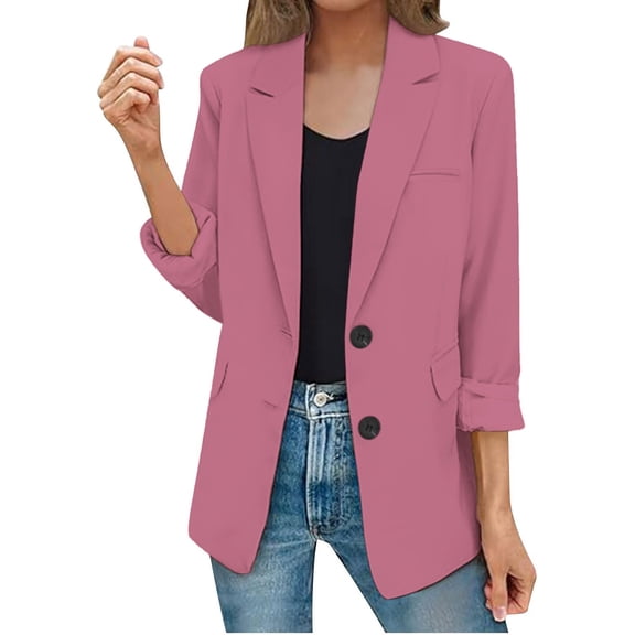 Yigetop Blazers for Women Trendy Womens Casual Jacket Pockets Long Sleeve Open Front Button Work Lapel Button Jacket Blazer for Women Pink2 M