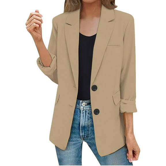Yigetop Blazers for Women Trendy Womens Casual Jacket Pockets Long Sleeve Open Front Button Work Lapel Button Jacket Blazer for Women Yellow XL