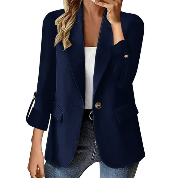 Yigetop Blazers for Women! Women's Casual Business Casual formal Long Sleeved Jacket Light Spring Summer Cardigan Women Blazer Navy 2XL