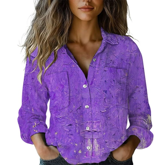 Yigetop Blouses for Women, Women Cotton Shirt Printed Fashion Button Down Shirts Casual Tops Long Sleeve Blouse Long Sleeve Shirts for Women Purple 3XL