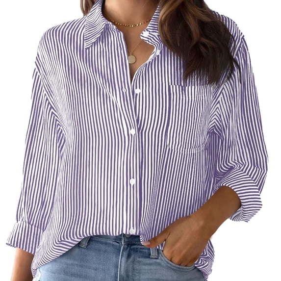 Yigetop Business Casual Tops for Women Striped Button Down Shirt Long Sleeve Blouses Dress Shirts Work Tops Women's Blouses & Button-Down Shirts Purple M