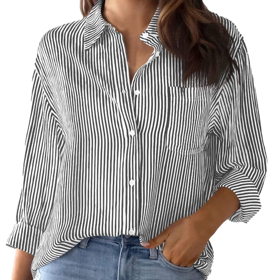 Yigetop Dress Shirts for Women Striped Button Down Shirt Long Sleeve Casual Collared Office Work Tops Women's Blouses & Button-Down Shirts Black L