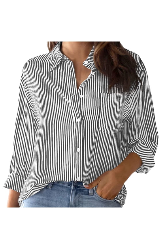 Business Casual Tops for Women Striped Button Down Shirt Long Sleeve Blouses Dress Shirts Work Tops Women's Blouses & Button-Down Shirts Black M