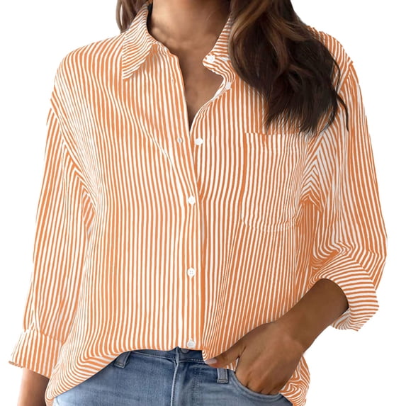 Yigetop Dress Shirts for Women Striped Button Down Shirt Long Sleeve Casual Collared Office Work Tops Women's Blouses & Button-Down Shirts orange L
