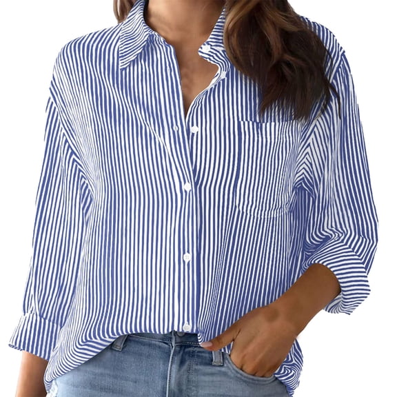 Yigetop Business Casual Tops for Women Striped Button Down Shirt Long Sleeve Blouses Dress Shirts Work Tops Women's Blouses & Button-Down Shirts Blue XL