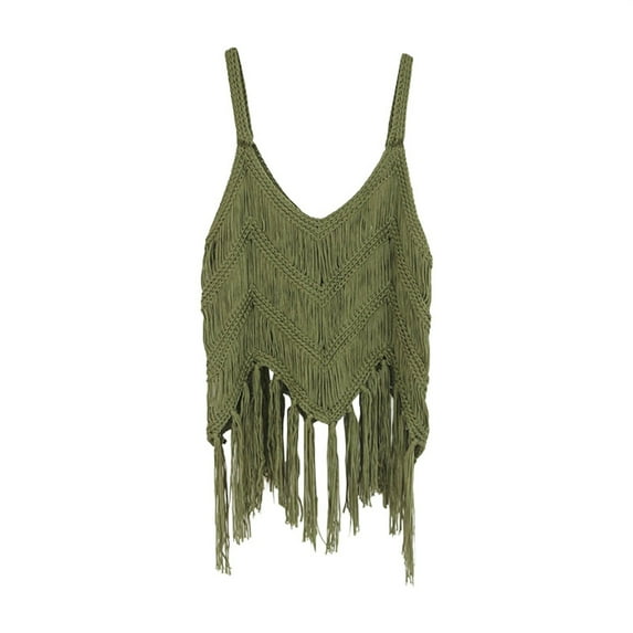 Yigetop Boho Crop Tops for Women, Women‘S Fringe Western Tassel Tank Tops Sleeveless V Neck Crochet Crop Top Boho Knitted Spaghetti Straps Vest Fringe Tops for Women Green M