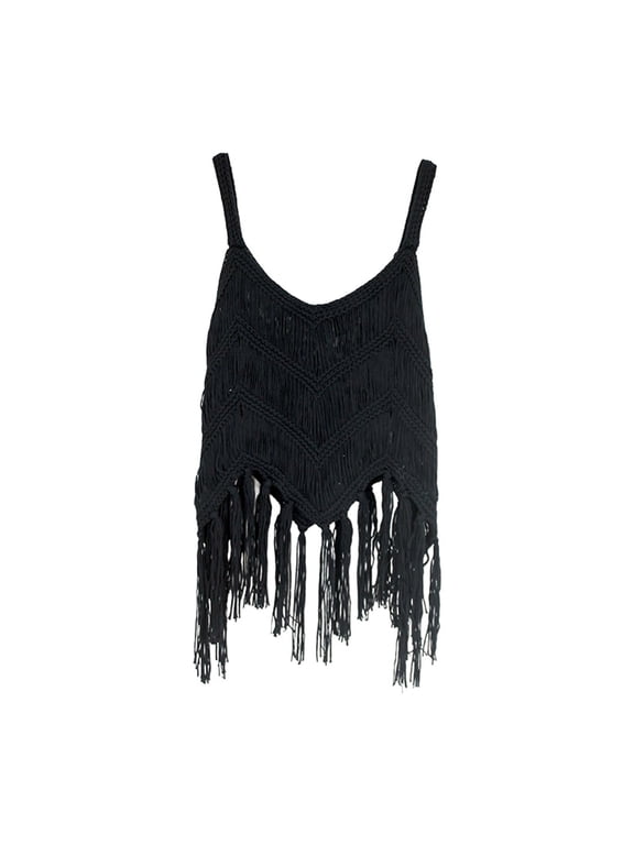 Boho Crop Tops for Women, Women‘S Fringe Western Tassel Tank Tops Sleeveless V Neck Crochet Crop Top Boho Knitted Spaghetti Straps Vest Fringe Tops for Women Black L