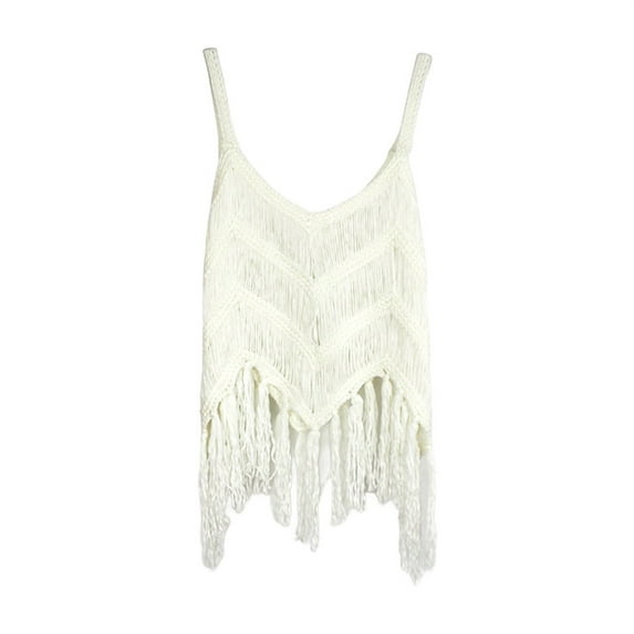 Yigetop Boho Crop Tops for Women, Women‘S Fringe Western Tassel Tank Tops Sleeveless V Neck Crochet Crop Top Boho Knitted Spaghetti Straps Vest Fringe Tops for Women White M