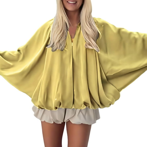 Yigetop Bomber Jacket Women, Women's Puffed Jacket Oversized Streetwear Casual Batwing Sleeve Lapel Collar Zip Front Pleated Shirts Womens Bomber Jacket Yellow L