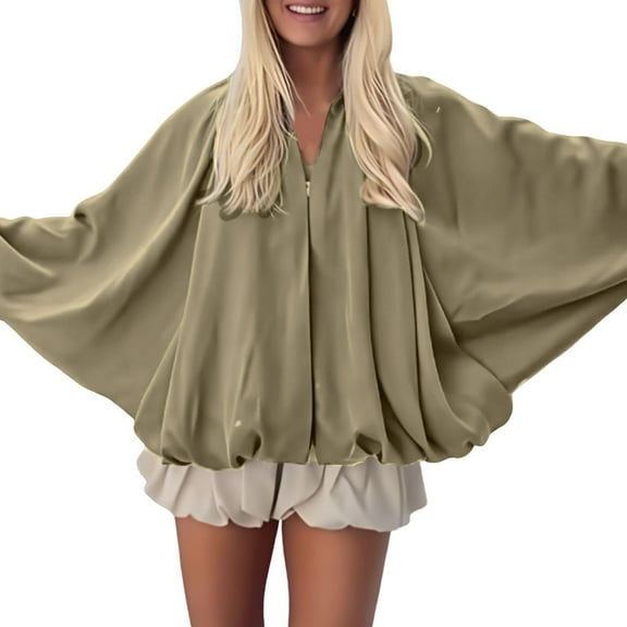 Yigetop Bomber Jacket Women, Women's Puffed Jacket Oversized Streetwear Casual Batwing Sleeve Lapel Collar Zip Front Pleated Shirts Womens Bomber Jacket Coffee L