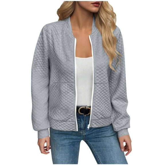 Yigetop Bomber Jacket Women, Women's Zip Up Textured Lightweight Jacket Casual Long Sleeve Outerwear Lightweight Jacket Women Grey 3XL