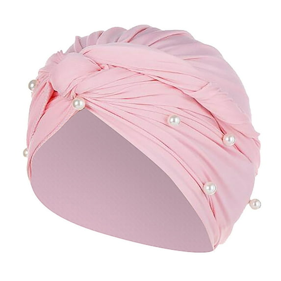 Yigetop Bonnet Women Pearl Beading india Hat Muslim Ruffle Cancer Chemo Beanie Turban Wrap Cap Hijab Scarf for Women Pink One Size