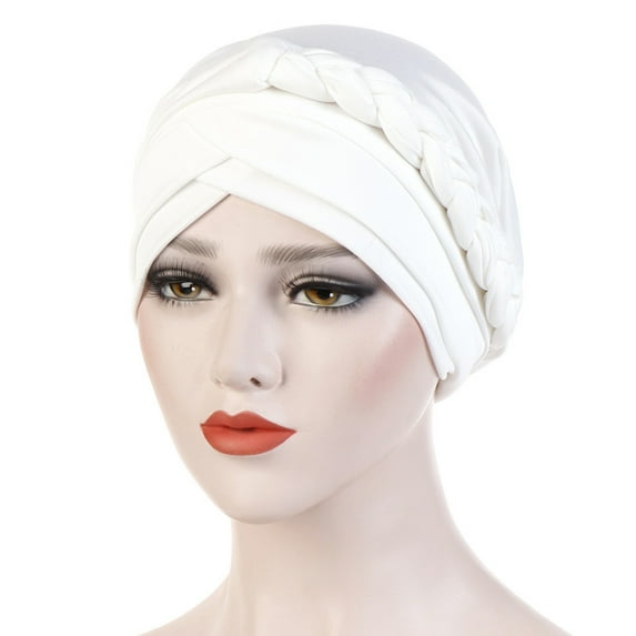 Yigetop Bonnet Women Solid Plait india Hat Muslim Ruffle Cancer Chemo Beanie Turban Wrap Cap Hijab Scarf for Women White One Size