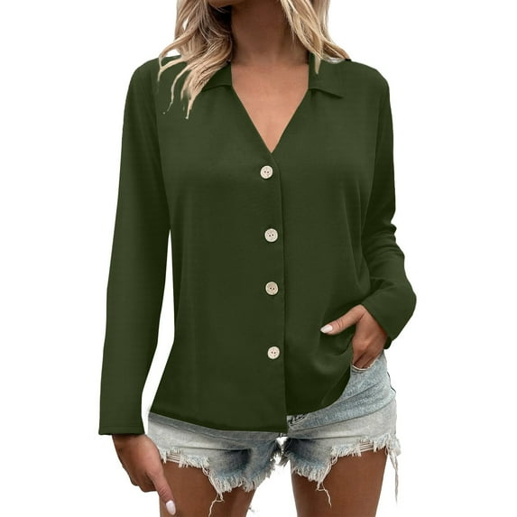 Yigetop Button Down Shirts for Women, Women Button Down Shirts Long Sleeve Chiffon V Neck Casual Business Blouses Tops Fitted Shirts for Women Green L