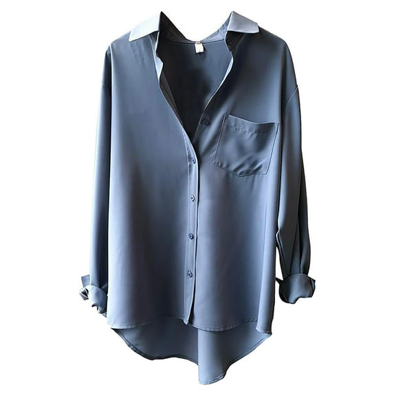 Yigetop Button Up Shirt Women, Loose Solid Color Temperament Design Casual and Versatile Long Sleeved Top Long Sleeve Shirts for Women Dark Blue 2XL