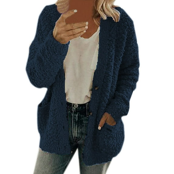 Yigetop Cardigan Sweaters for Women, Women's Plus Size Long Sleeve Soft Chunky Knit Sweater Open Front Cardigans Outwear Coat Fuzzy Cardigans for Women Dark Blue 2XL