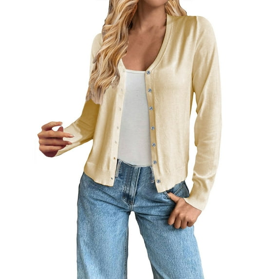 Yigetop Cardigans for Women Trendy Women's V Neck Button Knit Cardigan Sweater Jacket Cardigan Lightweight Sweaters for Women Beige L