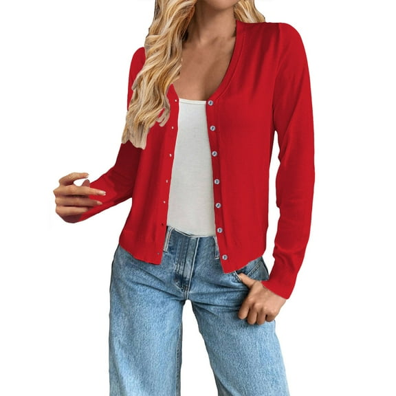 Yigetop Cardigans for Women Trendy Women's V Neck Button Knit Cardigan Sweater Jacket Cardigan Lightweight Sweaters for Women Red L