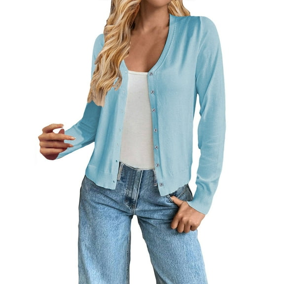 Yigetop Cardigans for Women Trendy Women's V Neck Button Knit Cardigan Sweater Jacket Cardigan Lightweight Sweaters for Women Sky Blue L