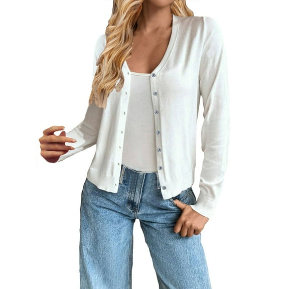 Yigetop Cardigans for Women Trendy Women's V Neck Button Knit Cardigan Sweater Jacket Cardigan Lightweight Sweaters for Women White S
