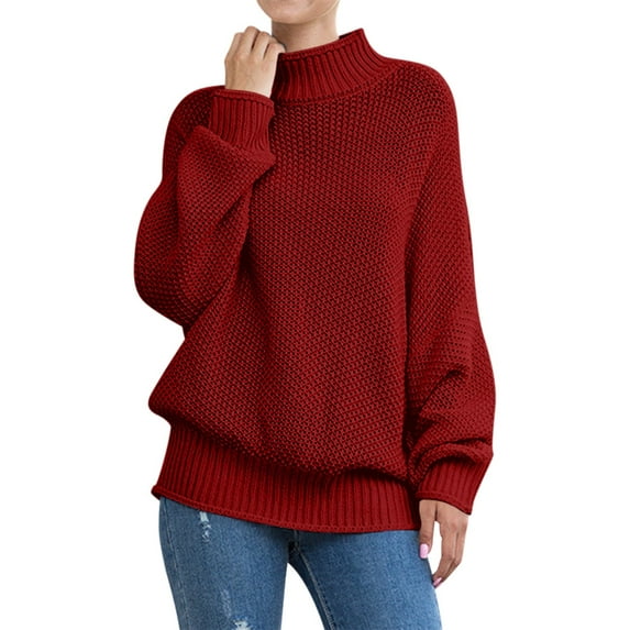 Yigetop Chunky Sweater Women, Womens Turtleneck Sweater for Women Casual Sleeve Drop Shoulder Knit Jumper Trendy Fall Loose Thin Pullover Cozy Sweaters for Women Wine L