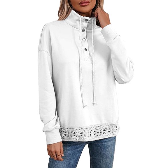 Yigetop Collared Sweatshirts for Women Ladies' Autumn and Winter Fashionable and Casual Long Sleeved Buttoned Loose Lace Patchwork Blouse Oversized Sweaters for Women White, 2XL