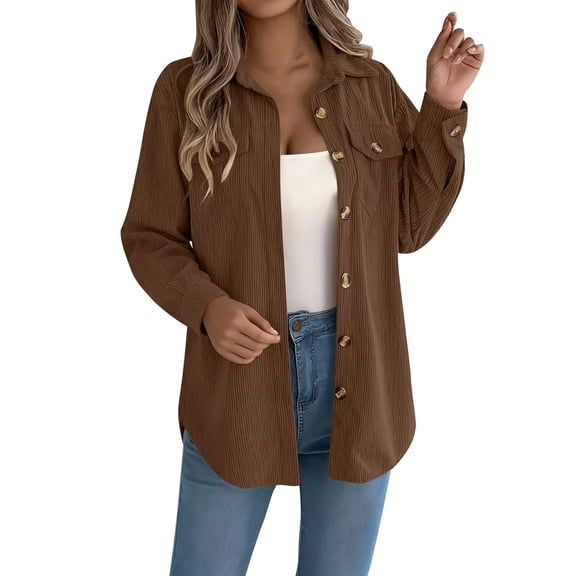 Yigetop Corduroy Jacket Women Women's Fashion Corduroy Shackets Long Sleeve Stand Tie Pockets Button Down Outwear Tops with Pockets Fall Jackets Brown L