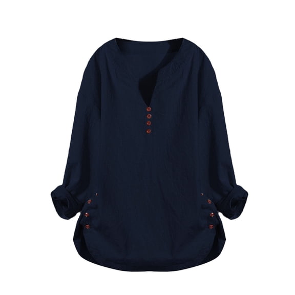 Yigetop Cotton Linen Tops for Women Women V-Neck Casual Button Long Sleeve Pullover Top T-Shirt Blouse Cotton Button Down Shirts for Women Navy 4XL