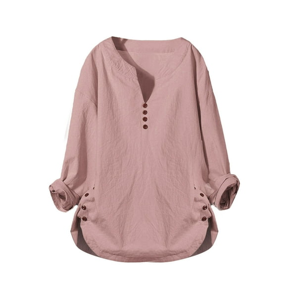 Yigetop Cotton Linen Tops for Women Women V-Neck Casual Button Long Sleeve Pullover Top T-Shirt Blouse Cotton Button Down Shirts for Women Pink L