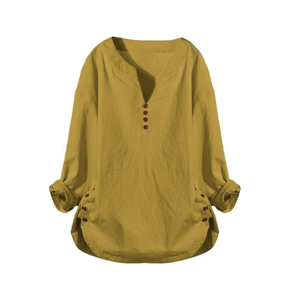 Yigetop Cotton Linen Tops for Women Women V-Neck Casual Button Long Sleeve Pullover Top T-Shirt Blouse Cotton Button Down Shirts for Women Yellow 2XL