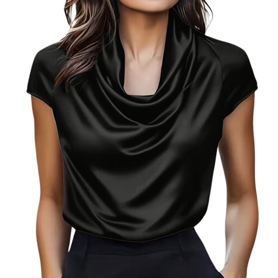 Yigetop Cowl Neck Tops for Women Blouses for Women Casual 2026 Summer Cowl Neck Short Sleeve Tops Spring Work Teacher Shirts Blusas De Satin Para Mujer Elegantes Black L