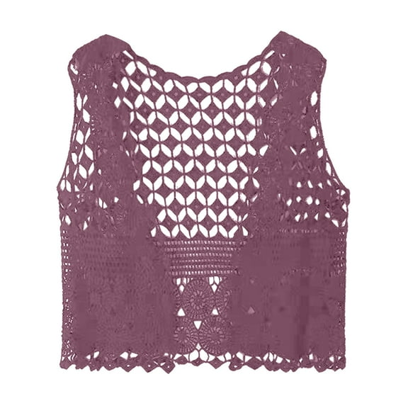 Yigetop Crochet Vest for Women, Women's Crochet Top Lace Vest Crewneck Crochet Hollow Out Cover Up Summer Going Out Tops Going Out Tops for Women Purple one Size