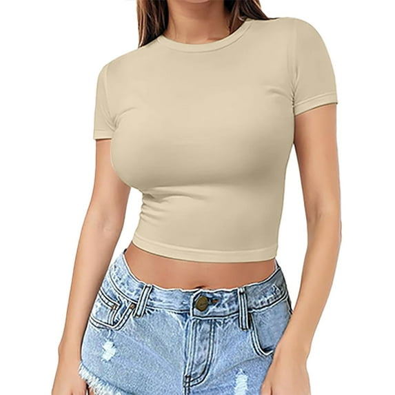 Yigetop Crop Tops for Women, Women's Crop T Shirt Girls Summer Pullover Top Women's Thin Round Neck Fashion Short Sleeves Athletic Shirts Women B XL