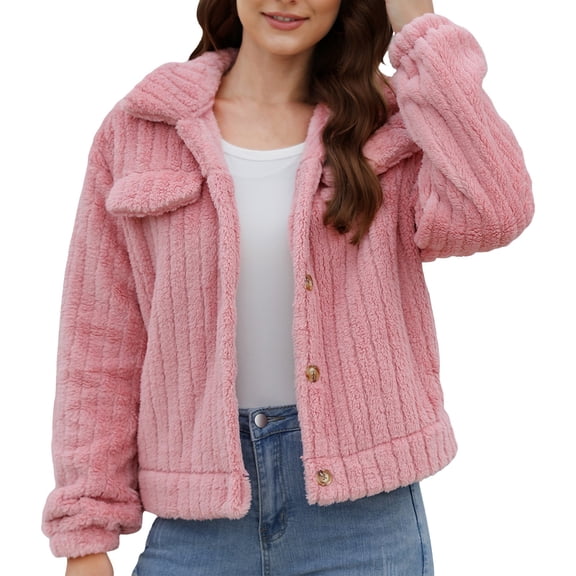 Yigetop Cropped Fleece Jacket Women, Women's Solid Fleece Jacket Fuzzy Cropped Sherpa Jacket Button Down Drop Shoulder Crop Teddy Coat Zip Up Jacket Pink M
