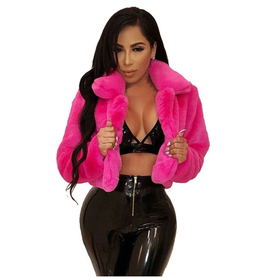 Yigetop Cropped Jacket Women Womens Warm Faux Coat Jacket Winter Solid Turn Down Collar Outerwear Fur Jackets for Women Hot Pink XL