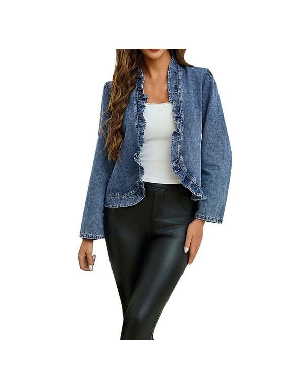 Cropped Jean Jacket for Women, Women's Ruffled Denim Jackets Long Sleeve Open Front Jean Cropped Top Coat 2025 Trendy Jean Jackets Denim Jackets for Women Trendy Blue L