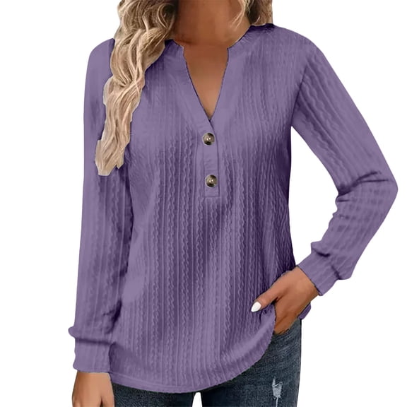 Yigetop Cute Long Sleeve Tops Women's Half Button Down Shirt Long Sleeve V Neck Twist Pattern Tunic Tops Womens Spring Fashion Solid Color Comfy Blouse Women Tops Dressy Casual Purple S