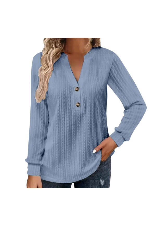 Cute Long Sleeve Tops Women's Half Button Down Shirt Long Sleeve V Neck Twist Pattern Tunic Tops Womens Spring Fashion Solid Color Comfy Blouse Women Tops Dressy Casual Blue 2XL